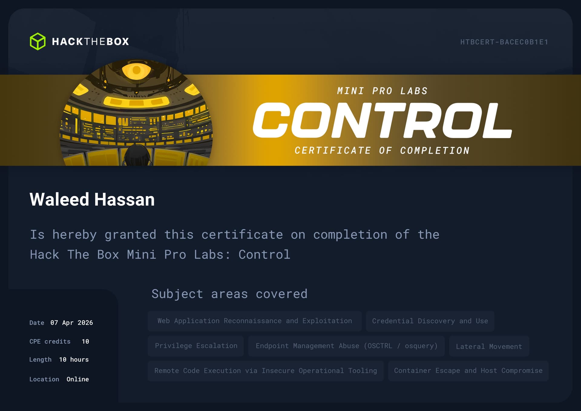 Control Certificate