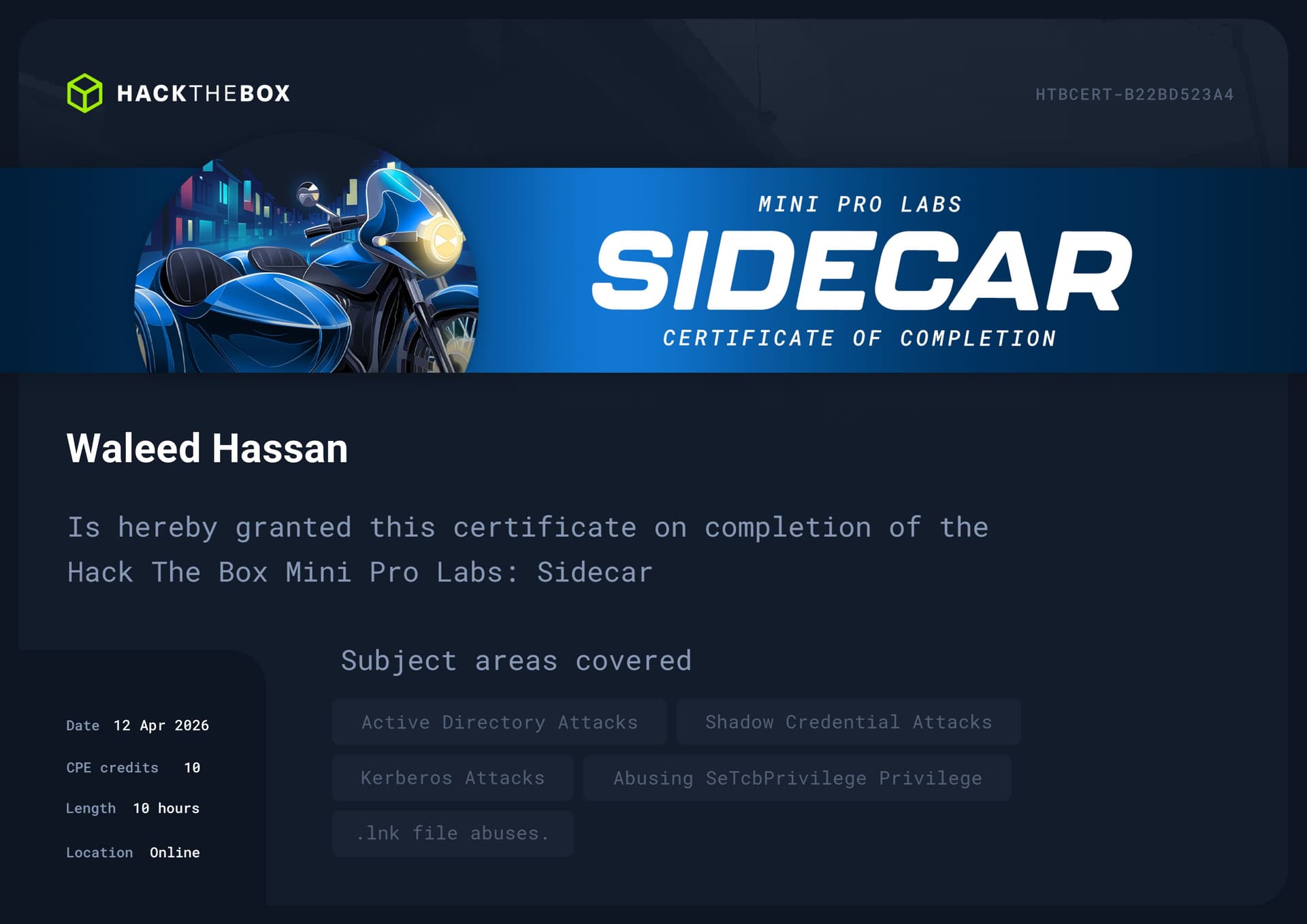 Sidecar Certificate